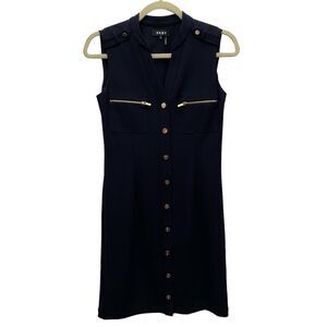 DKNY Navy Blue Gold Accent Sleeveless Knee Length Sheath Dress Size 0